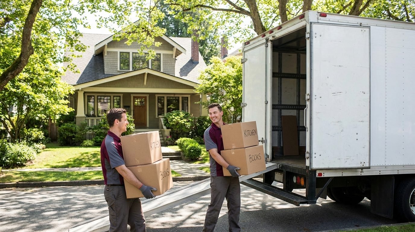 Professional Vancouver movers carrying boxes into a truck on a residential street