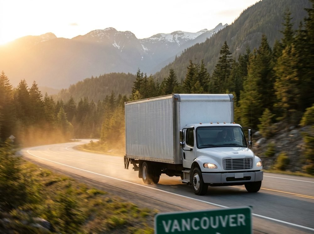 Moving truck on a British Columbia highway for a long-distance move from Vancouver
