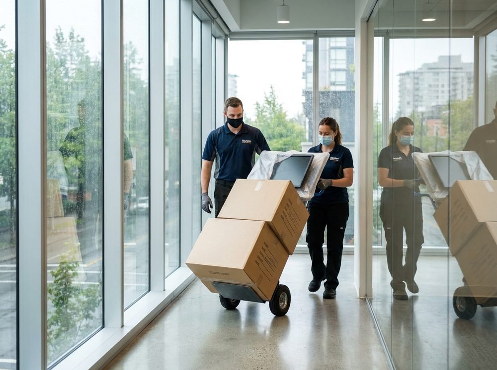 Commercial movers relocating labelled office equipment in a Vancouver building