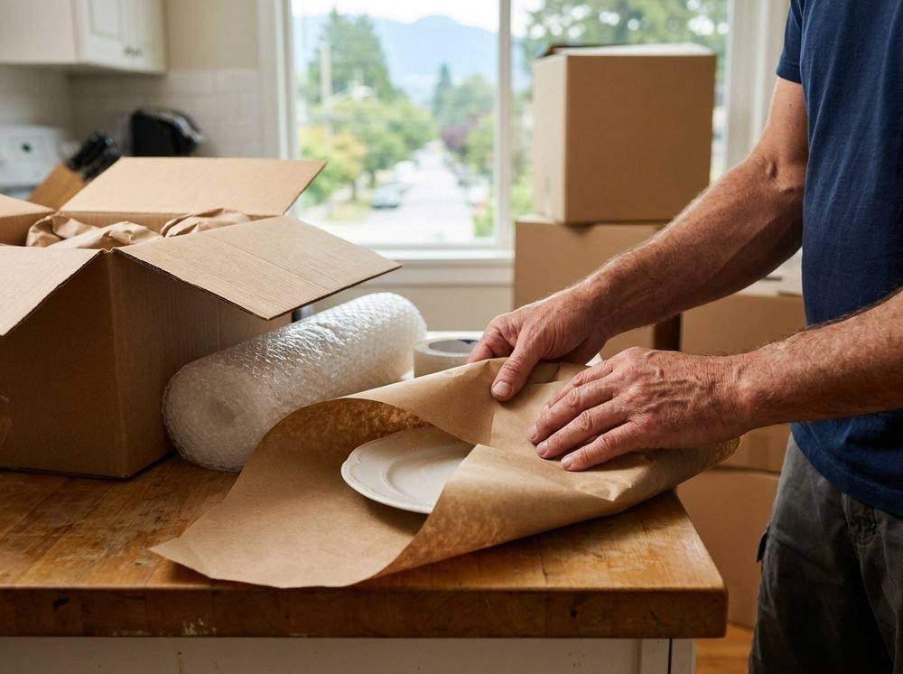Professional packer wrapping fragile dishes in a Vancouver kitchen