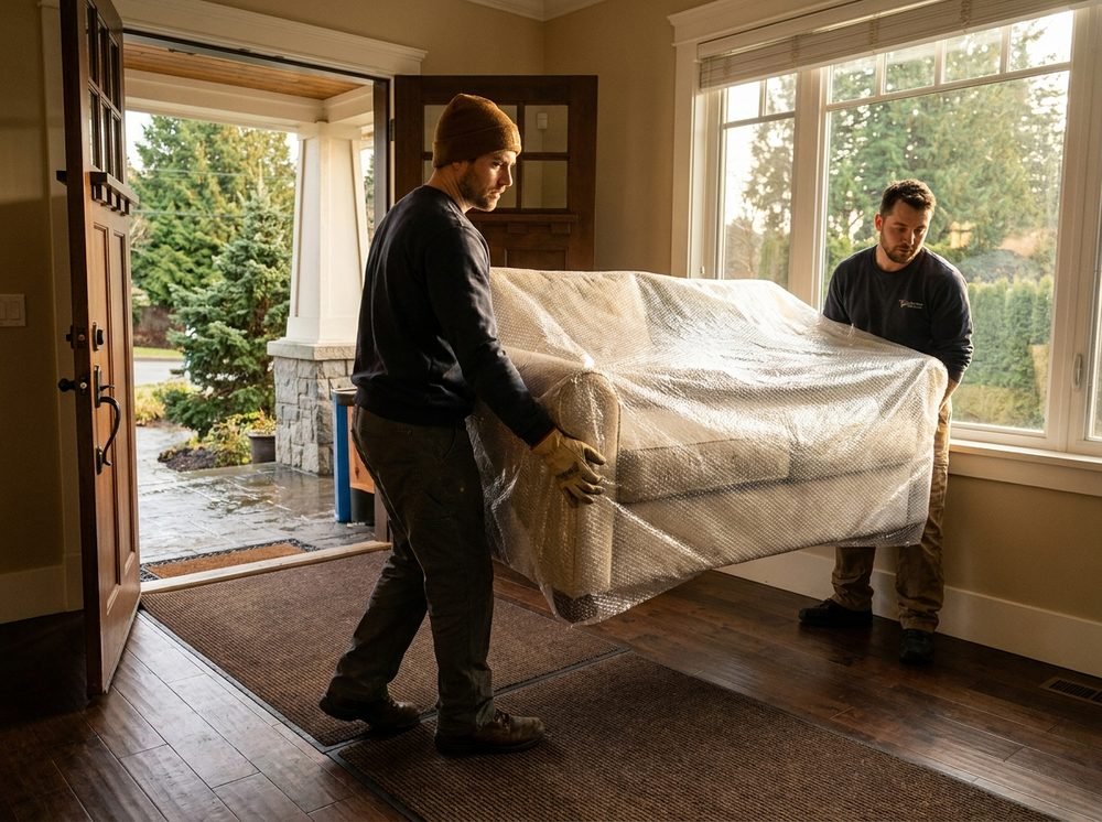 Residential movers carefully carrying a wrapped sofa into a Vancouver home