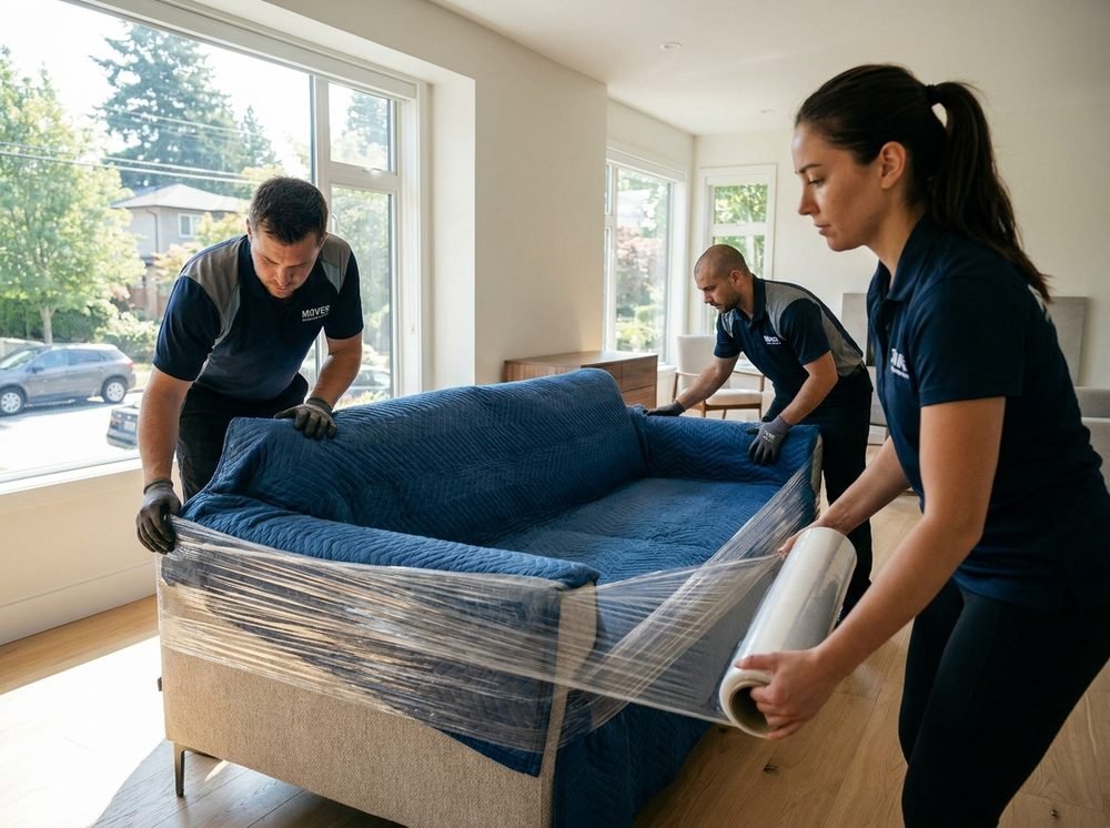 Uniformed Moving Services Vancouver crew wrapping furniture for transport
